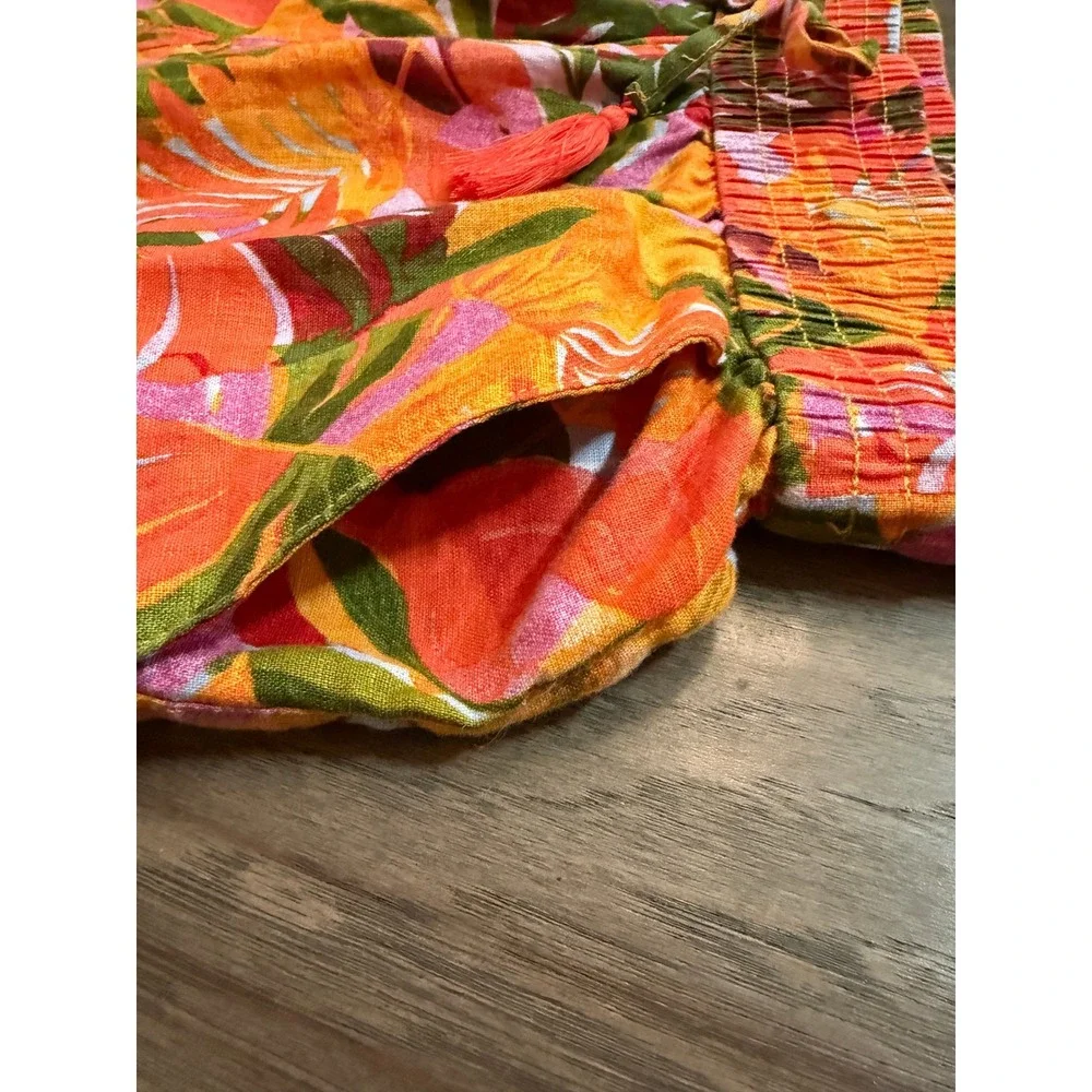 C&C California Women XL Orange Tropical Linen Shorts Boho Eyelet Tassel Trim - Picture 3 of 7
